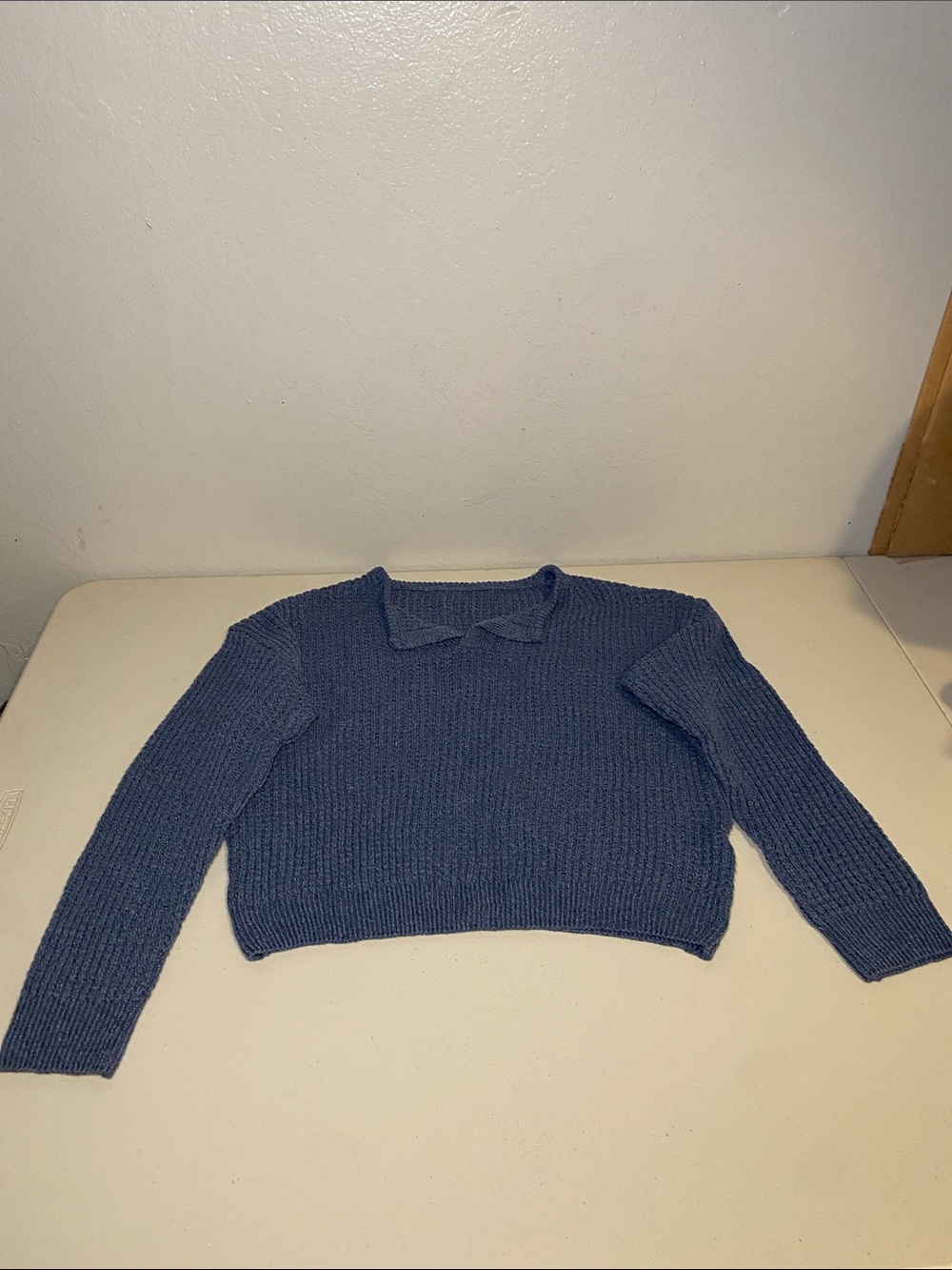 SHEIN Navy Blue Cropped Knit Sweater with Collar